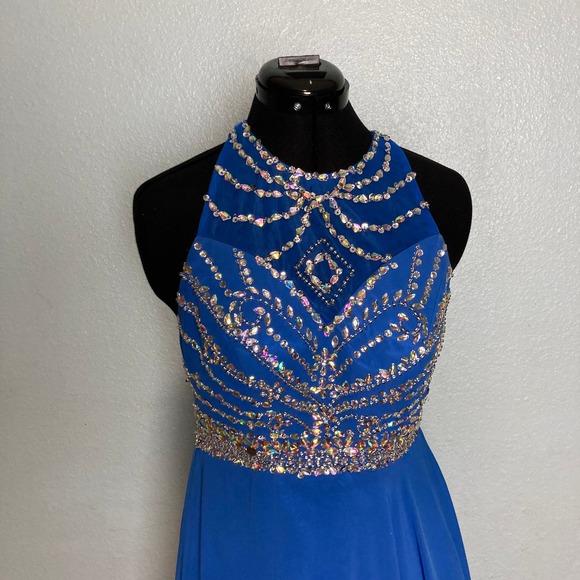 6 M Beaded Rhinestone Backless Blue Chiffon Long High Neck Prom Formal dress - Picture 6 of 16